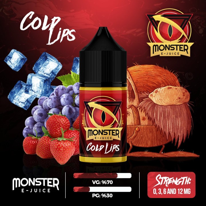 Monster Cold Lips E-Likit, çilek, üzüm ve buz aromalı likit şişesi.